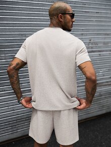 SLATEMANN 男士舒適沙洗布料圓領短袖T恤與短褲2件套，休閒端莊居家服 米色 - 杏色 - 查看 2
