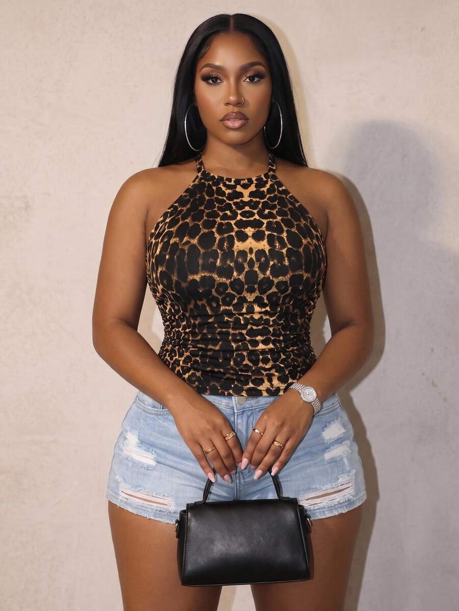 Slaydiva Plus Size Spaghetti Strap Sleeveless Leopard Print Fitted Fashionable Summer Camisole Night Brown