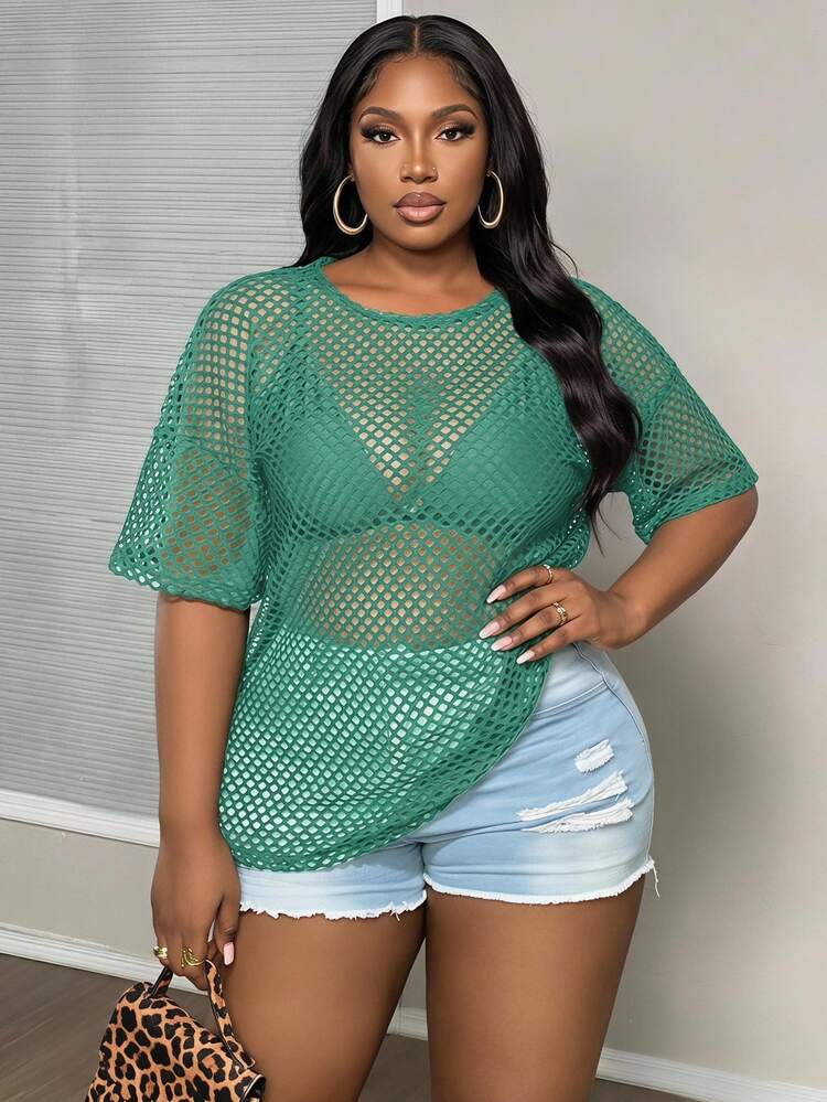 Slaydiva Plus Size Casual Loose Black Semi-Sheer Round Neck Half Sleeve Longline T-Shirt, Spring & Autumn - Teal Blue - View 1