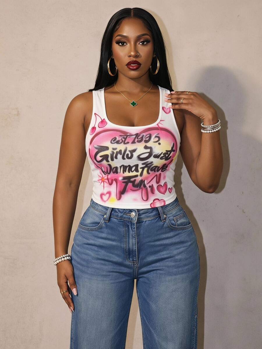 Slaydiva Plus Size Women Slogan Heart Print Fitted Camisole Back-To-School Night Party All White Summer Y2k 70's 2000s