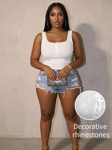 Slaydiva Plus Size Women's Rhinestone Design Square Neck Casual Sexy 70's Versatile Tank Top Night Club Party White Summer - White - View 2