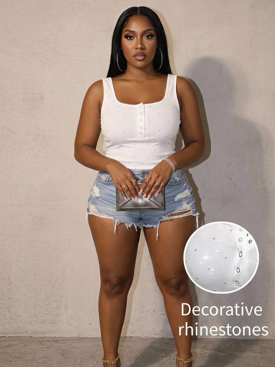 Slaydiva Plus Size Women's Rhinestone Design Square Neck Casual Sexy 70's Versatile Tank Top Night Club Party White Summer