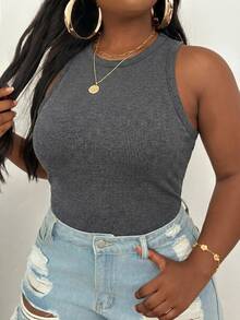 Slaydiva Plus Size Women Grey Round Neck Casual Versatile Tank Top Formal Holiday Summer - Grey - View 6