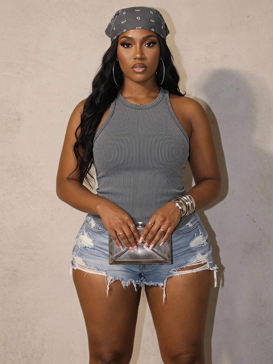 Slaydiva Plus Size Women Grey Round Neck Casual Versatile Tank Top Formal Holiday Summer