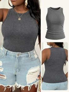 Slaydiva Plus Size Women Grey Round Neck Casual Versatile Tank Top Formal Holiday Summer - Grey - View 9