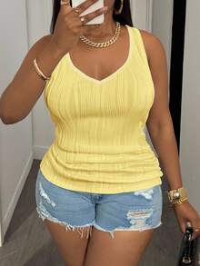 Slaydiva Plus Size Women's Casual Basic Tank Top, Deep V-Neck And Fine Ribbed Texture, White - Light Yellow - View 5