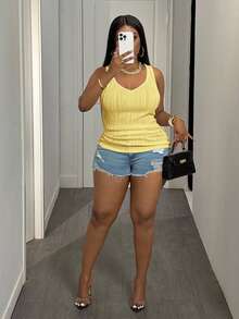 Slaydiva Plus Size Women's Casual Basic Tank Top, Deep V-Neck And Fine Ribbed Texture, White - Light Yellow - View 3