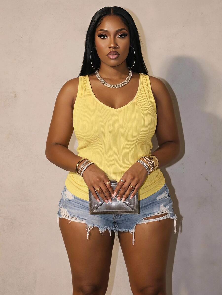 Slaydiva Plus Size Women's Casual Basic Tank Top, Deep V-Neck And Fine Ribbed Texture, White - Light Yellow - View 1