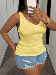 Slaydiva Plus Size Women's Casual Basic Tank Top, Deep V-Neck And Fine Ribbed Texture, White - Light Yellow - View 4