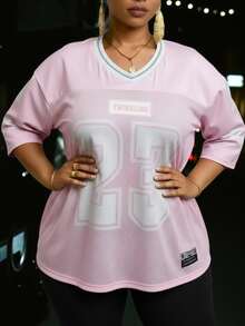 Slaydiva New Spring/Summer Casual Street Sports Competition Design Contrast Color Stripe Numeric Letter Slogan Logo All-Over Print Plus Size Women T-Shirt - Pink - View 3