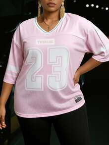 Slaydiva New Spring/Summer Casual Street Sports Competition Design Contrast Color Stripe Numeric Letter Slogan Logo All-Over Print Plus Size Women T-Shirt - Pink - View 6
