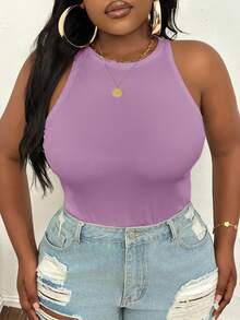 Slaydiva Camiseta de tirantes básica blanca de cuello redondo y hombros descubiertos para tallas grandes - Púrpura malva - Ver 4