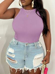 Slaydiva Camiseta de tirantes básica blanca de cuello redondo y hombros descubiertos para tallas grandes - Púrpura malva - Ver 5