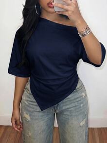 Slaydiva Spring/Summer Women's Plus Size Asymmetric Shoulder Ruched Hem T-Shirt, Graduation Season Beach Going Out Night Navy Blue Sexy Casual - Navy Blue - View 6