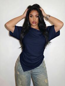 Slaydiva Spring/Summer Women's Plus Size Asymmetric Shoulder Ruched Hem T-Shirt, Graduation Season Beach Going Out Night Navy Blue Sexy Casual - Navy Blue - View 5
