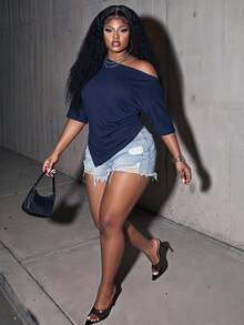 Slaydiva Spring/Summer Women's Plus Size Asymmetric Shoulder Ruched Hem T-Shirt, Graduation Season Beach Going Out Night Navy Blue Sexy Casual - Navy Blue - View 1