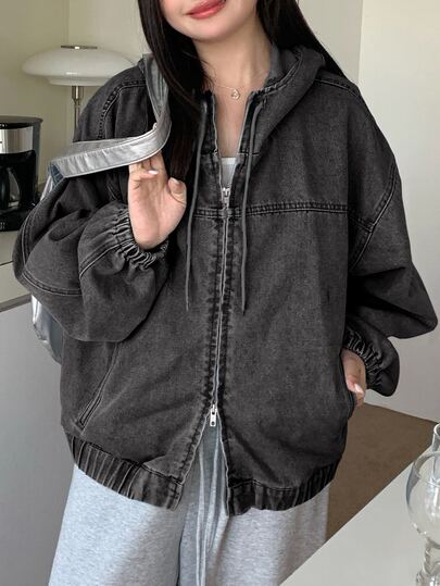 Dazy Plus Light Wash Denim Hooded Zip-Up Jacket, Loose Lantern Sleeve, Cinched Hem, Plus Size Women Outerwear