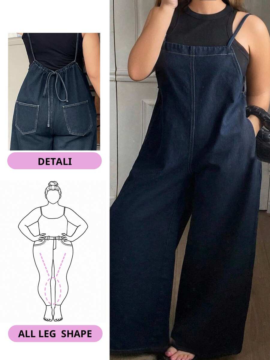 Dazy Plus Plus Size Dark Wash Loose Fit Denim Bib Overall Long Jumpsuit, All Season Fall/Winter - Dark Wash - View 1
