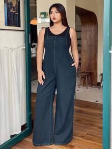 Dazy Plus Plus Size Dark Wash Loose Fit Denim Bib Overall Long Jumpsuit, All Season Fall/Winter - Dark Wash - View 3