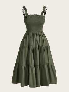 BELROSIE Solid Frill Trim Ruffle Hem Dress Holiday Party Vacation Vacation Picnic Vacation Vacation Dress  Army Green Summer Cottagecore Cottage Core Boho - Olive Green - View 5