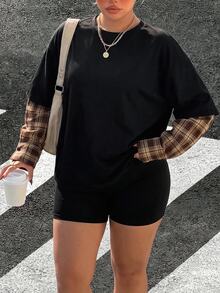 Muchica Plus Size Street Fashion Plaid Patchwork Long Sleeve Shirt - Black - View 4