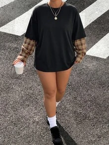 Muchica Plus Size Street Fashion Plaid Patchwork Long Sleeve Shirt - Black - View 6
