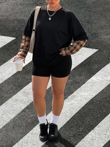 Muchica Plus Size Street Fashion Plaid Patchwork Long Sleeve Shirt - Black - View 7