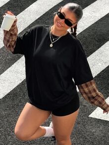 Muchica Plus Size Street Fashion Plaid Patchwork Long Sleeve Shirt - Black - View 3