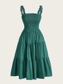 BELROSIE Solid Frill Trim Ruffle Hem Dress Holiday Party Beach Picnic Vacation Teal Green Summer Cottage Core Tropical Casual Cottagecore Boho - Green - View 4