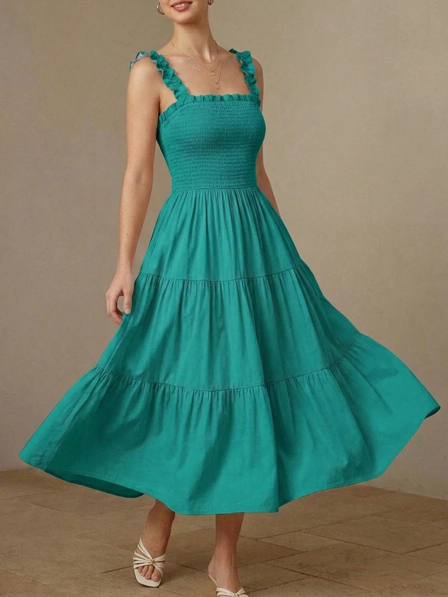 BELROSIE Solid Frill Trim Ruffle Hem Dress Holiday Party Beach Picnic Vacation Teal Green Summer Cottage Core Tropical Casual Cottagecore Boho - Green - View 1