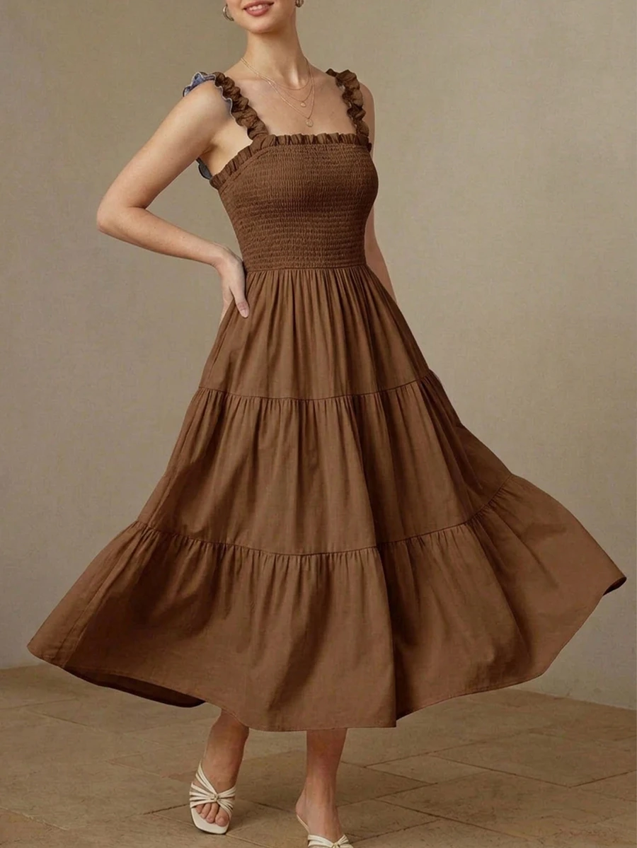 BELROSIE Solid Frill Trim Ruffle Hem Dress Holiday Party Vacation Vacation Picnic Vacation Dress  Coffee Brown Summer Cottage Core Modest Tropical Boho - Coffee - View 1