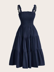 BELROSIE Solid Frill Trim Ruffle Hem Dress Holiday Party Vacation Dress  Navy Blue Summer Cottagecore Boho - Navy Blue - View 4