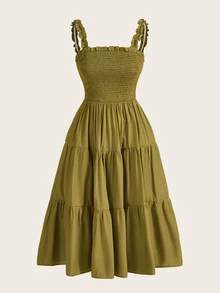 BELROSIE Solid Frill Trim Ruffle Hem Dress Holiday Party Vacation Vacation Picnic Brunch Vacation Dress  Olive Green Summer Cottage Core Casual Boho - Green - View 4