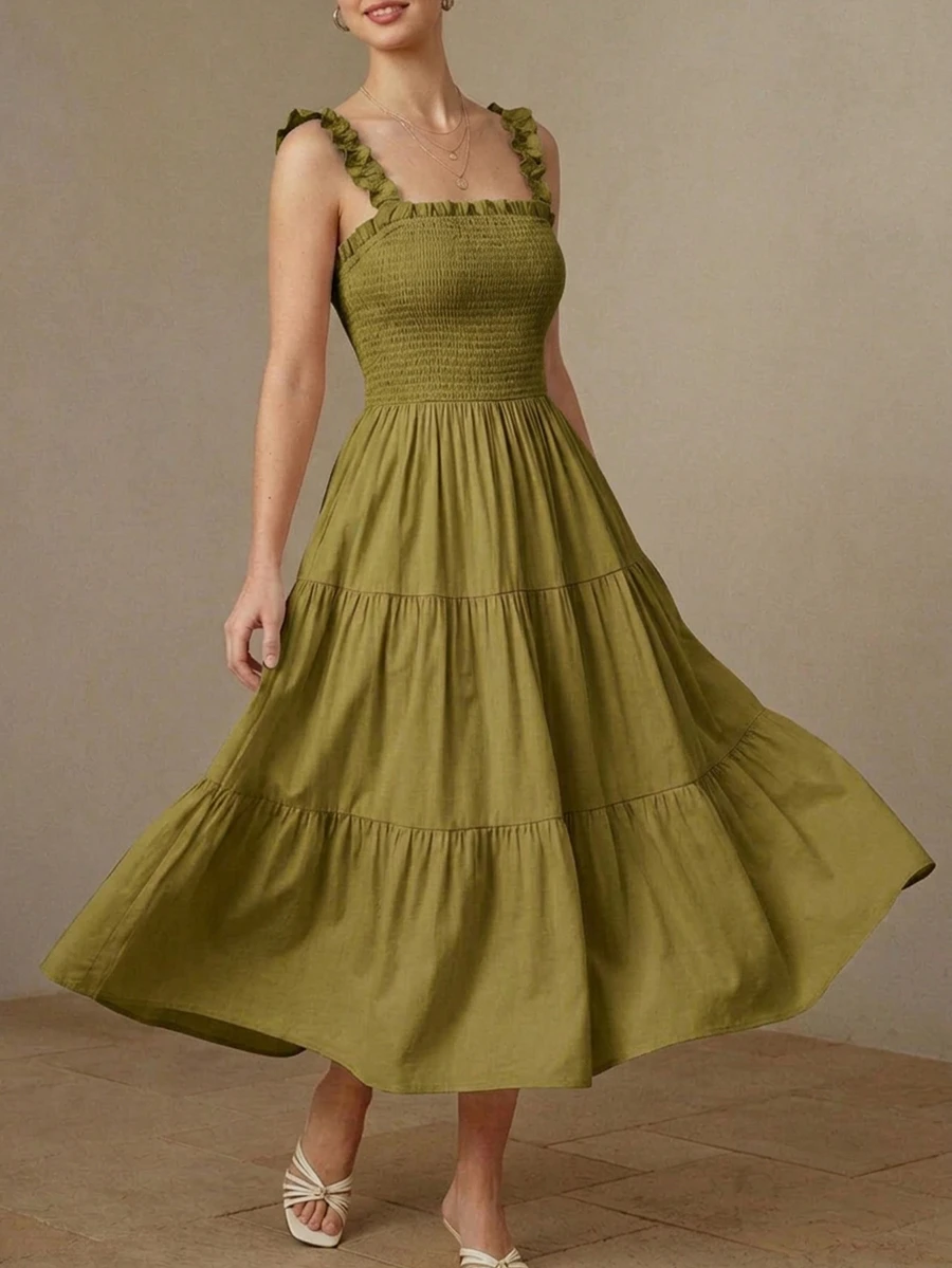 BELROSIE Solid Frill Trim Ruffle Hem Dress Holiday Party Vacation Vacation Picnic Brunch Vacation Dress Olive Green Summer Cottage Core Casual Boho - Green - View 1
