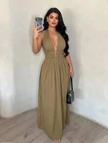 SHEIN SXY Women's Solid Color Tropical Deep V Neck Ruched Design Sexy Dress,Summer Dresses For Women Beach Vacation Olive Green - Khaki - View 2