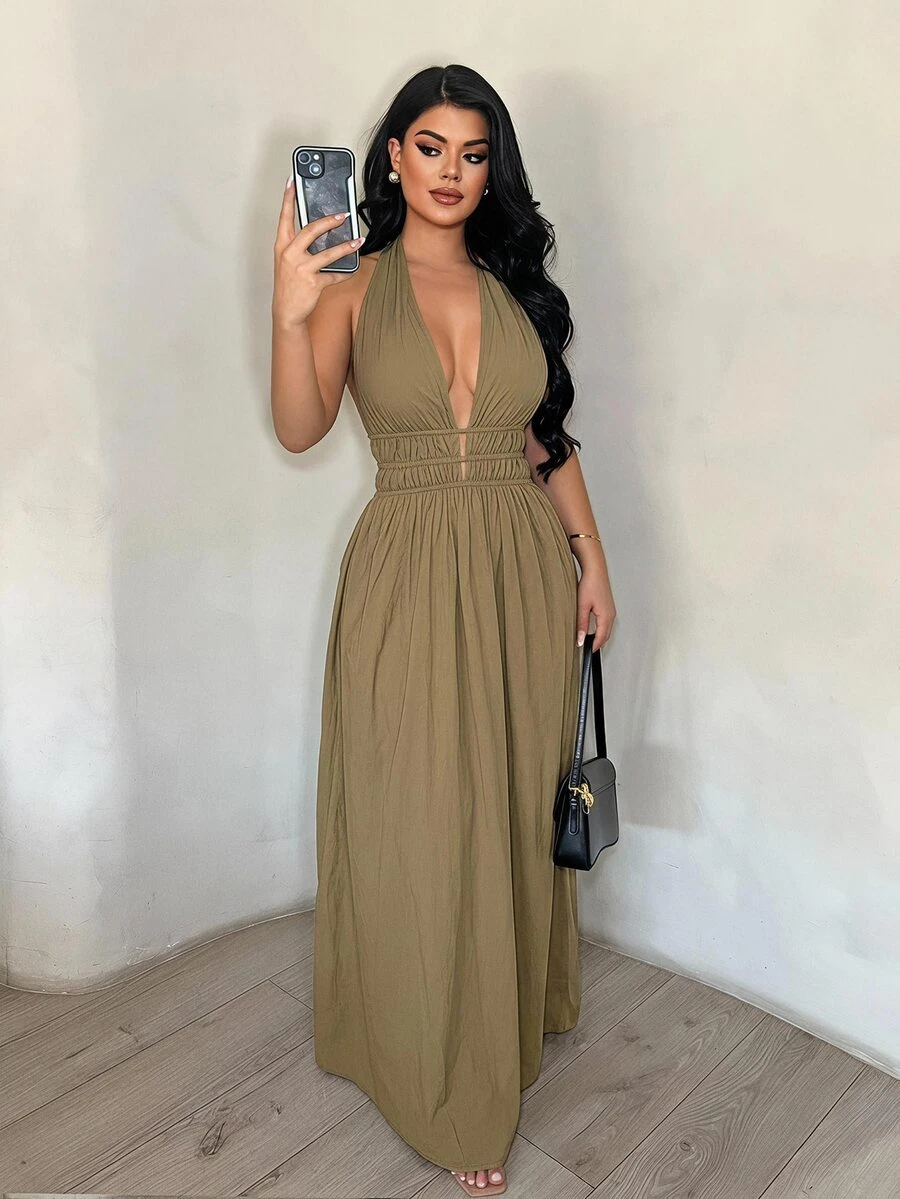 SHEIN SXY Women's Solid Color Tropical Deep V Neck Ruched Design Sexy Dress,Summer Dresses For Women Beach Vacation Olive Green