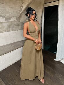 SHEIN SXY Women's Solid Color Tropical Deep V Neck Ruched Design Sexy Dress,Summer Dresses For Women Beach Vacation Olive Green - Khaki - View 7
