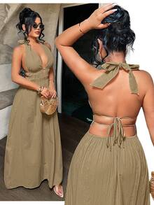 SHEIN SXY Women's Solid Color Tropical Deep V Neck Ruched Design Sexy Dress,Summer Dresses For Women Beach Vacation Olive Green - Khaki - View 8