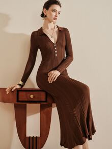 Arave Dress Slim Long Knitted Ribbed Polo V Neck Button Long Sleeve Elegant Vintage Old Money Brown Solid Fall Clothes For Women Thanksgiving - Coffee Brown - View 8