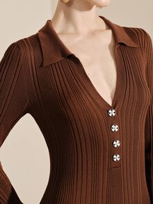 Arave Dress Slim Long Knitted Ribbed Polo V Neck Button Long Sleeve Elegant Vintage Old Money Brown Solid Fall Clothes For Women Thanksgiving - Coffee Brown - View 2