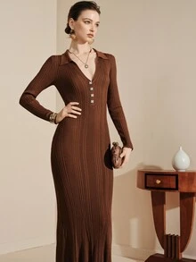 Arave Dress Slim Long Knitted Ribbed Polo V Neck Button Long Sleeve Elegant Vintage Old Money Brown Solid Fall Clothes For Women Thanksgiving - Coffee Brown - View 6
