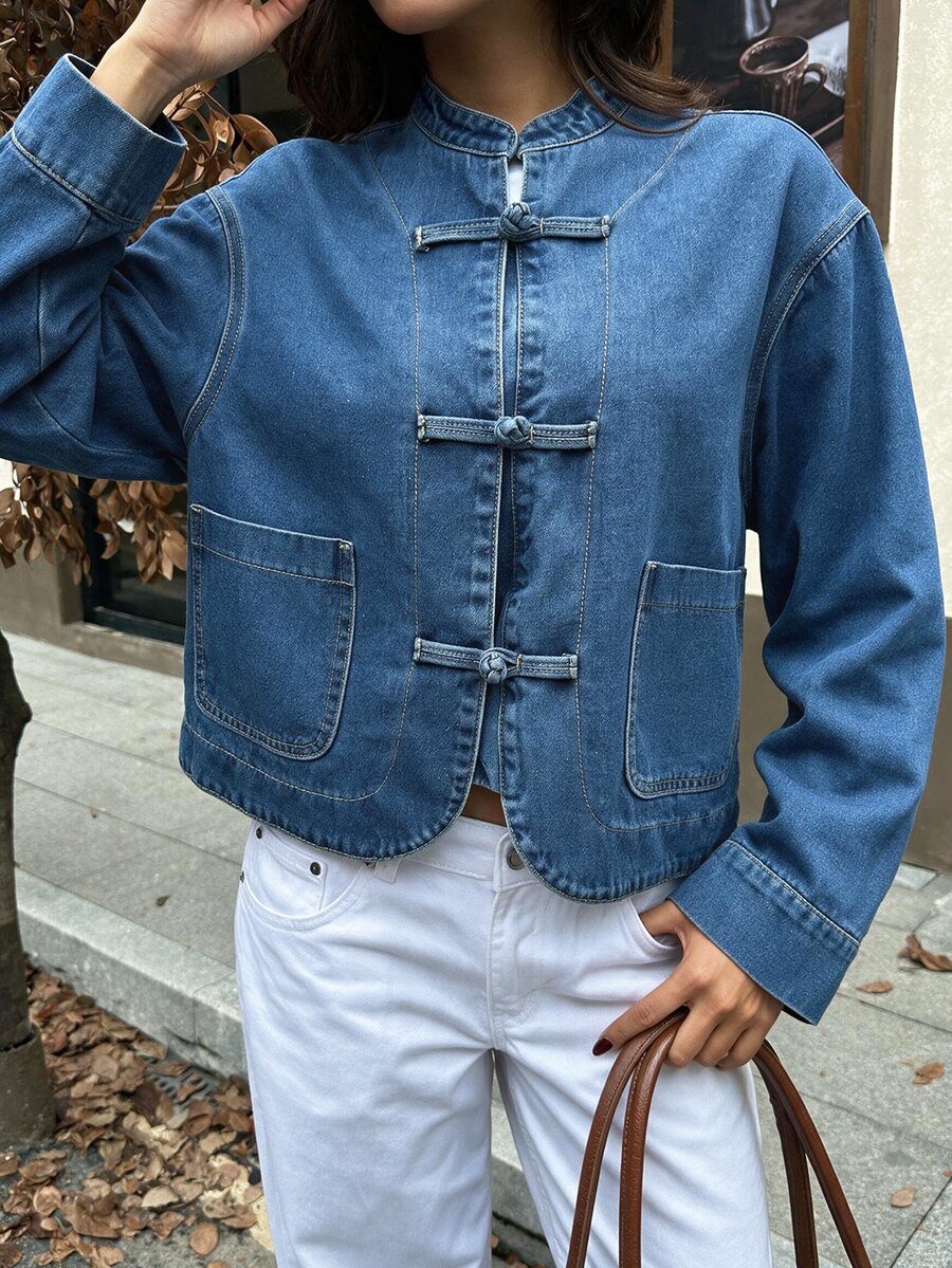 Rivivi Women's New Chinese Style Vintage Frog Button Washed Denim Jacket - Dark Wash - View 1