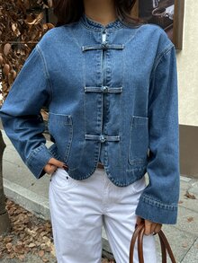 Rivivi Women's New Chinese Style Vintage Frog Button Washed Denim Jacket - Dark Wash - View 3