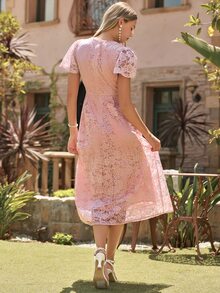 Amorya Women's Elegant Dusty Pink Lace Square Collar Ruffle Sleeve Mid-Length Dress,Summer Wedding Ninang Guest Bridal Party Graduation Ceremony Outfits - Dusty Pink - View 2