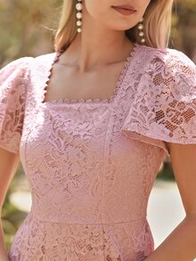 Amorya Women's Elegant Dusty Pink Lace Square Collar Ruffle Sleeve Mid-Length Dress,Summer Wedding Ninang Guest Bridal Party Graduation Ceremony Outfits - Dusty Pink - View 6
