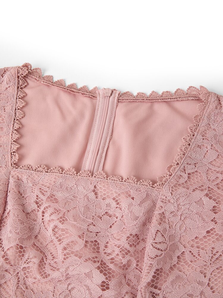 Amorya Women's Elegant Dusty Pink Lace Square Collar Ruffle Sleeve Mid-Length Dress,Summer Wedding Ninang Guest Bridal Party Graduation Ceremony Outfits - Dusty Pink - View 8