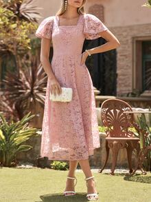 Amorya Women's Elegant Dusty Pink Lace Square Collar Ruffle Sleeve Mid-Length Dress,Summer Wedding Ninang Guest Bridal Party Graduation Ceremony Outfits - Dusty Pink - View 3