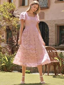 Amorya Women's Elegant Dusty Pink Lace Square Collar Ruffle Sleeve Mid-Length Dress,Summer Wedding Ninang Guest Bridal Party Graduation Ceremony Outfits - Dusty Pink - View 4