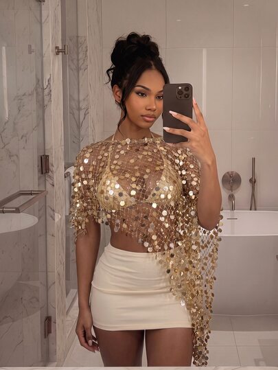 SHEIN DivaQ Women's Sequin Party Top, Women's Music Festival Outfit, Women's Concert Outfit, Sexy Sheer Glittery, Perfect For Holiday Party Wear