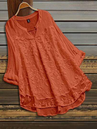 SHEIN LUNE Plus Size Women's Embroidered Notched V-Neck Rolled Sleeve Casual Shirt Fall